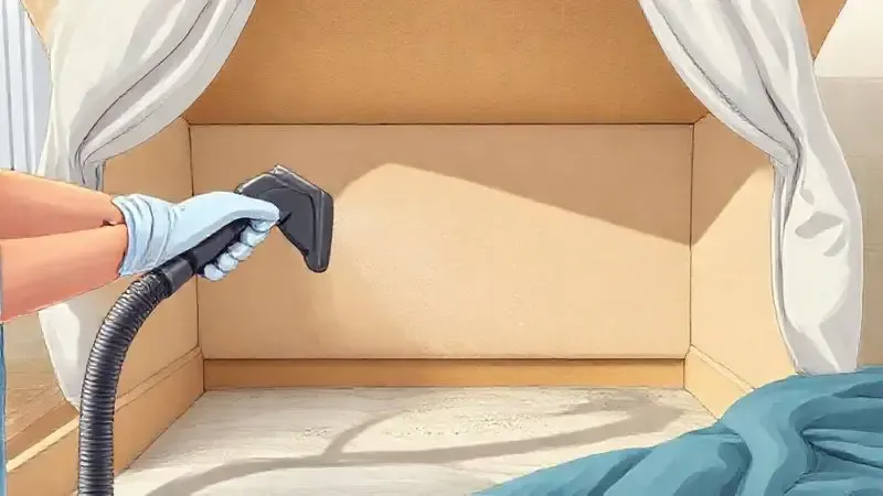 Pessoa limpando o interior do baú de uma cama box com um aspirador de pó para remover poeira e ácaros.