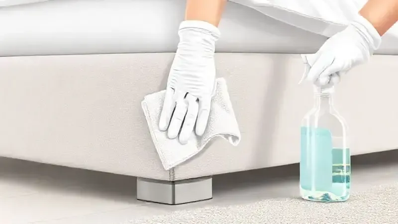 Ilustração digital de mãos em luvas brancas realizando a limpeza e manutenção essenciais da lateral estofada de uma cama box.