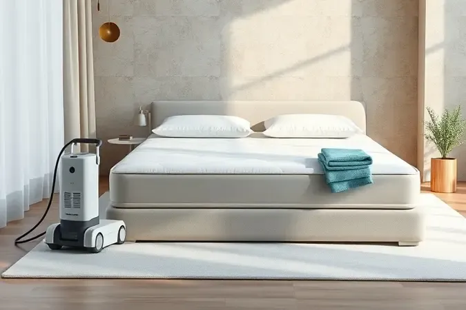 Equipamento genérico de higienização profunda ao lado de um colchão em ambiente limpo e contemporâneo