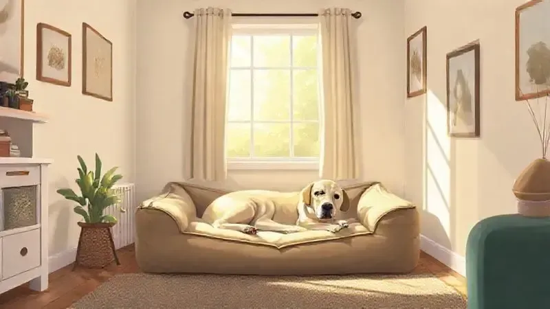 Cena doméstica ilustrada de um Labrador descansando em sua cama em um canto da sala bem iluminado, mostrando a localização ideal.