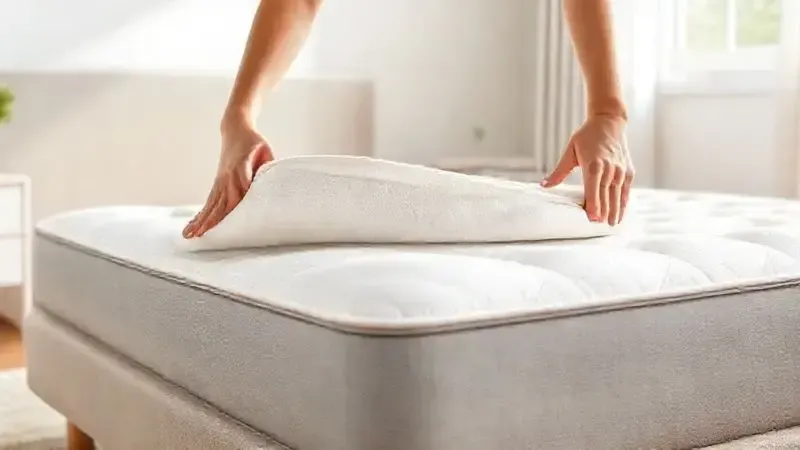 Ilustração digital de mãos virando ou girando um colchão sobre a base da cama, simbolizando a manutenção e cuidado para durabilidade.