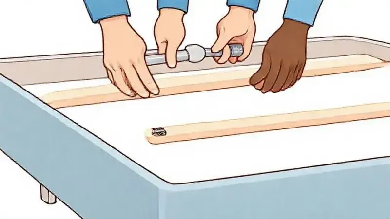 Ilustração mostrando duas mãos montando uma parte modular de uma cama box, simbolizando a facilidade no processo de instalação do produto.