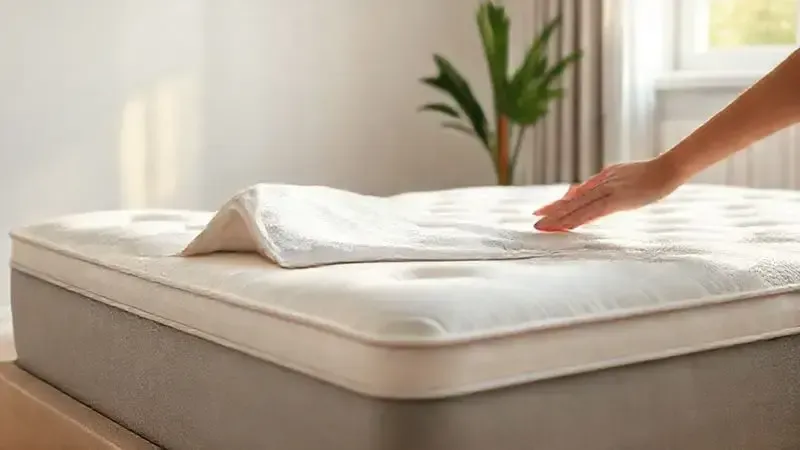 Ilustração de mãos arejando e virando um colchão em uma cama box, simbolizando cuidados e manutenção.