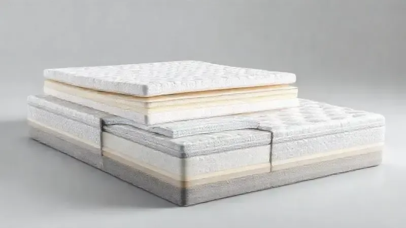 Ilustração técnica mostrando diferentes materiais, densidades e níveis de firmeza em colchões