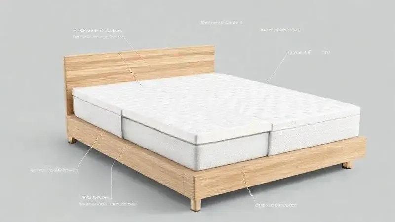 Ilustração conceitual em corte mostrando as camadas internas do colchão e os materiais de alta qualidade usados na base da cama box.