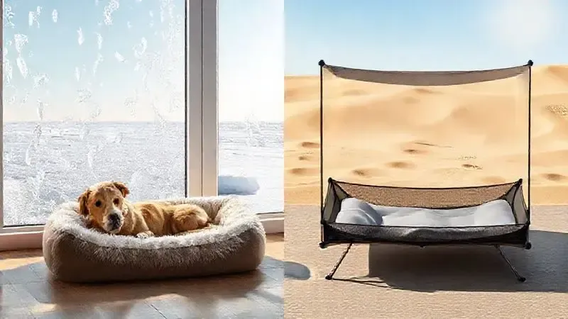 Cena dividida ilustrando camas para cachorro: uma de pelúcia para clima frio e uma de tela ventilada para clima quente.