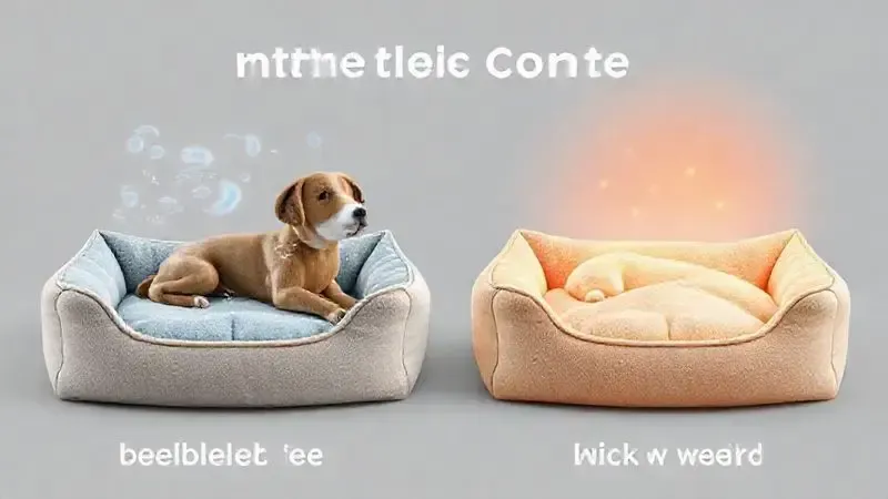 Render 3D comparando materiais de camas para cães: um respirável para clima quente e outro isolante para clima frio.