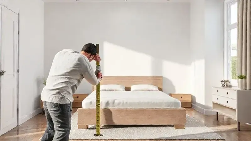 Ilustração de pessoa medindo o espaço do quarto com fita antes de comprar uma cama box.