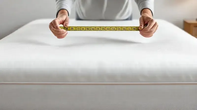 Ilustração 3D de mãos medindo a altura de um colchão com uma fita métrica antes de comprar o lençol.