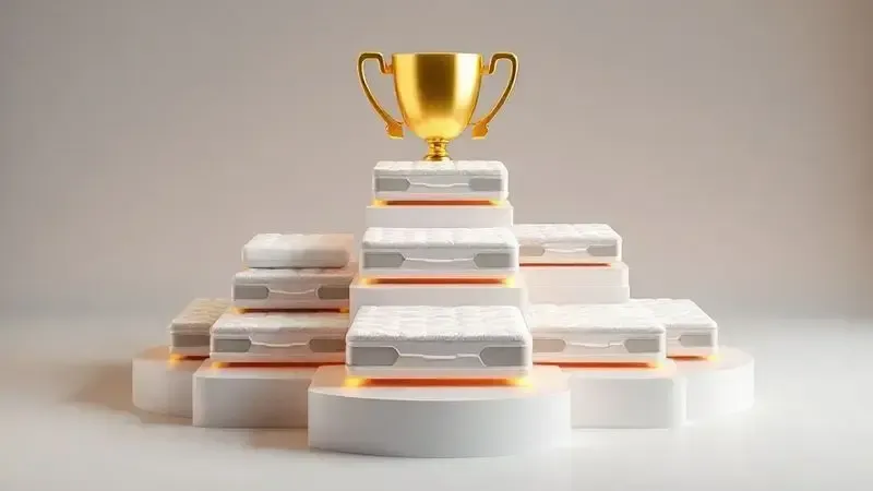 Representação conceitual de pódio com silhuetas abstratas de colchões em posições de ranking com troféu para melhor desempenho