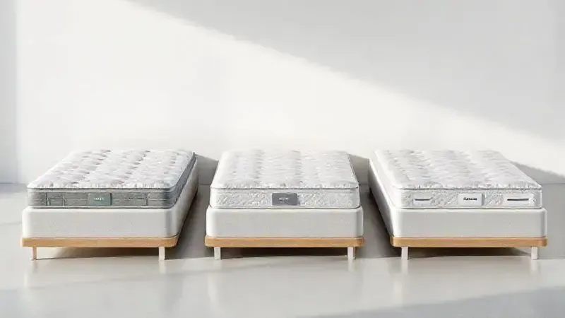 Representação conceitual de três modelos diferentes de colchão em ambiente de quarto minimalista
