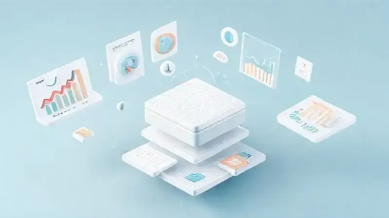 Conceito visual de metodologia de análise e avaliação de dados para marcas de colchão com gráficos e métricas