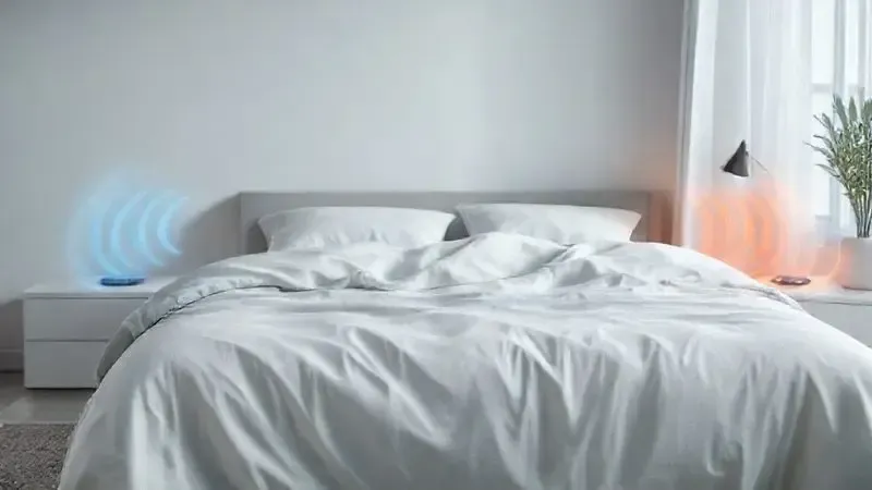 Render 3D conceitual de um quarto com lençóis que representam o conforto térmico e a regulação de temperatura.