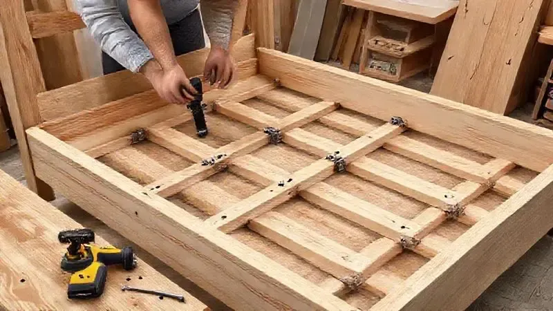 Ilustração de mãos montando a estrutura de madeira e o sistema hidráulico de elevação de uma cama box baú DIY.
