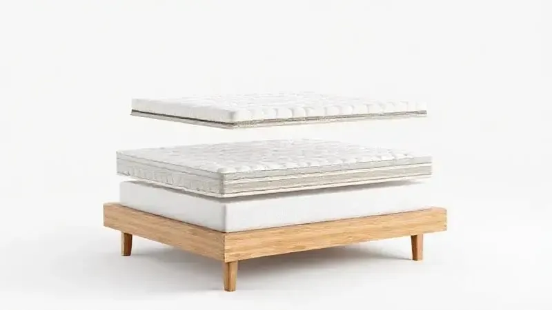 Ilustração 3D conceitual mostrando as camadas internas de uma cama box de casal, incluindo a base, o colchão e a estrutura.