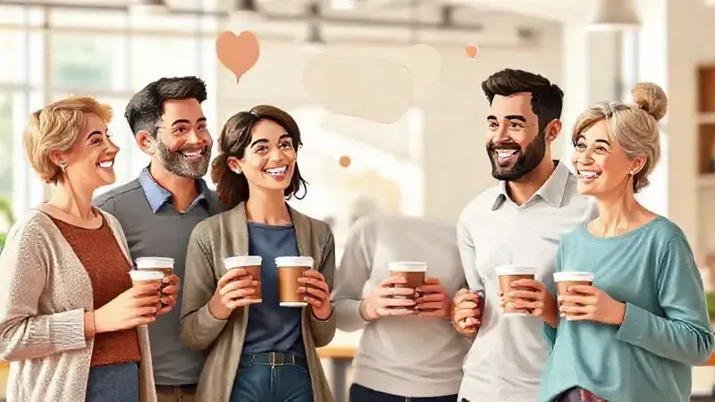 Grupo de pais sorrindo e conversando, representando a satisfação e os relatos positivos de clientes sobre o produto.