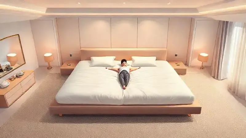 Ilustração de uma pessoa desfrutando do espaço extra em uma cama Super King, simbolizando o máximo de conforto para dormir.