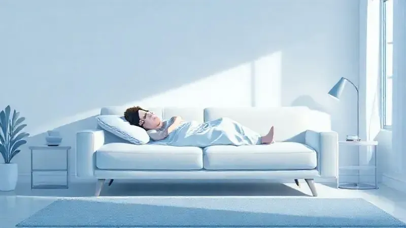 Ilustração de uma pessoa dormindo profundamente e confortavelmente em um sofá-cama convertido em um quarto minimalista.