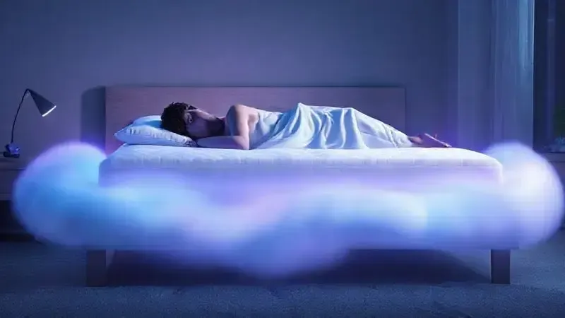 Ilustração digital de uma pessoa dormindo profundamente em um colchão macio, simbolizando conforto e suporte ideal para o corpo.