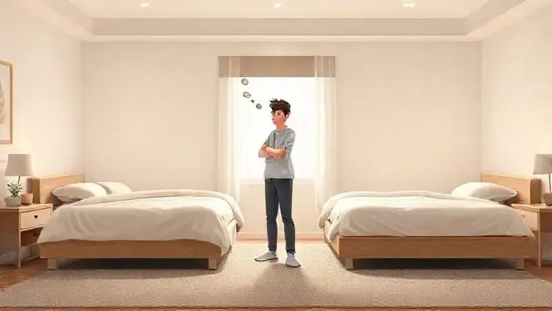 Ilustração de pessoa pensando qual modelo de cama box ou unibox escolher em um quarto aconchegante.