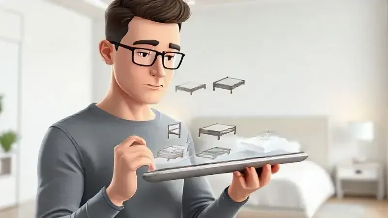 Ilustração conceitual de uma pessoa analisando as especificações técnicas para escolher a cama box queen ideal.
