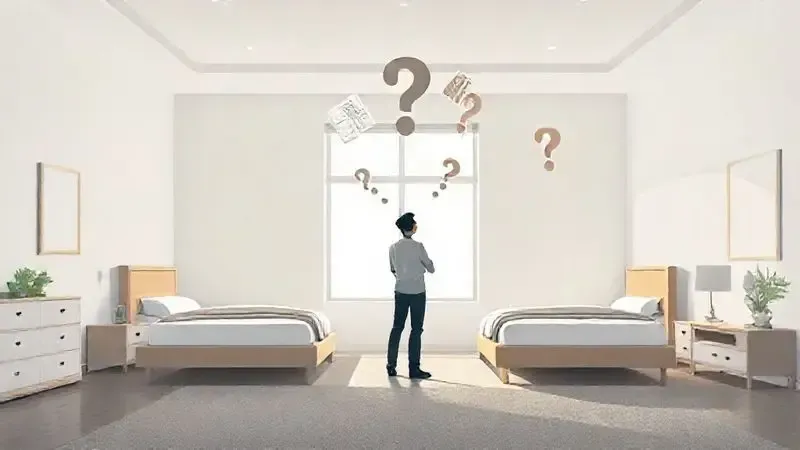 Pessoa ponderando e comparando duas camas box de modelos diferentes, ilustrando o processo de escolha.