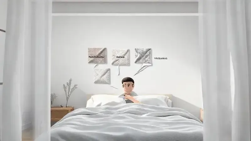 Ilustração 3D conceitual de uma pessoa escolhendo tecidos para roupa de cama, avaliando suavidade e durabilidade.