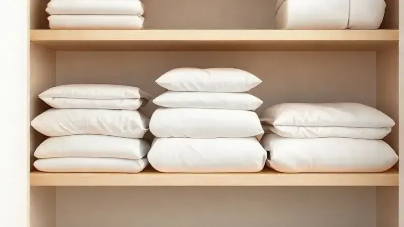 Imagem conceitual de três pilhas de lençóis de cama organizados em uma prateleira de armário.