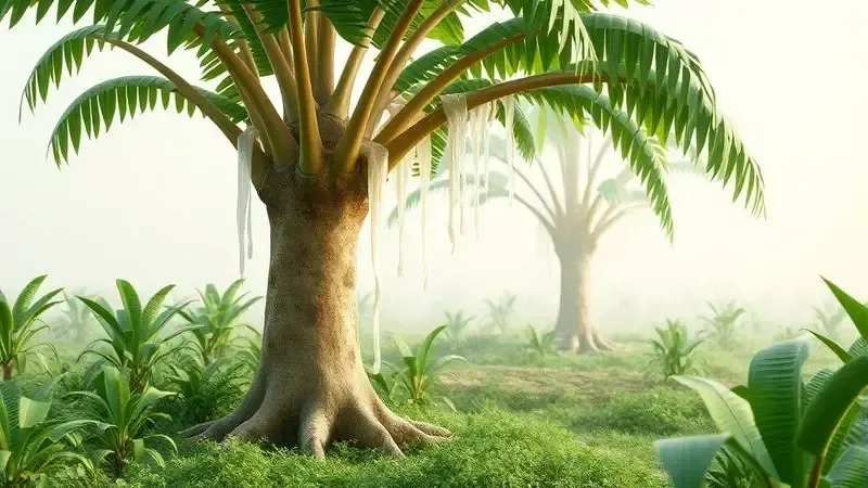 Ilustração conceitual do processo sustentável de extração do látex natural da seringueira.