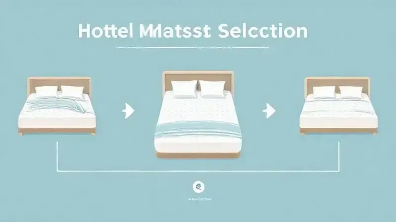 Ilustração conceitual do processo de seleção de colchão de hotel com fatores visuais como tamanho, firmeza e materiais.