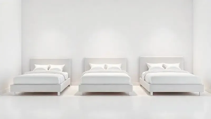 Render 3D conceitual mostrando o encaixe de cabeceiras em camas de tamanhos diferentes (solteiro, queen, king) em um quarto.