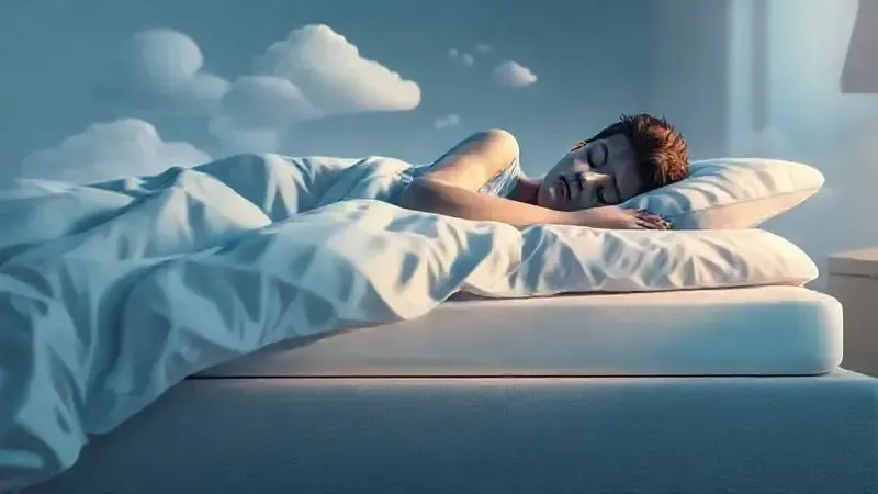 Ilustração conceitual de sono profundo e reparador, com elementos que simbolizam conforto e a importância do suporte da cama.