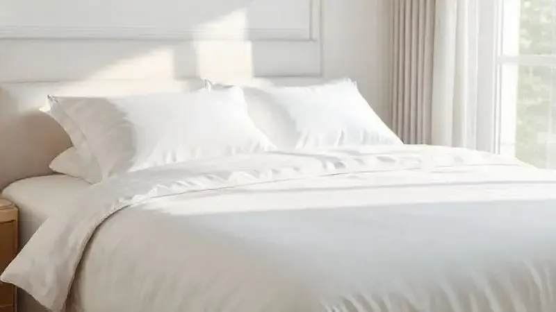 Quarto de hotel de luxo com cama feita, destacando o enxoval branco e impecável.