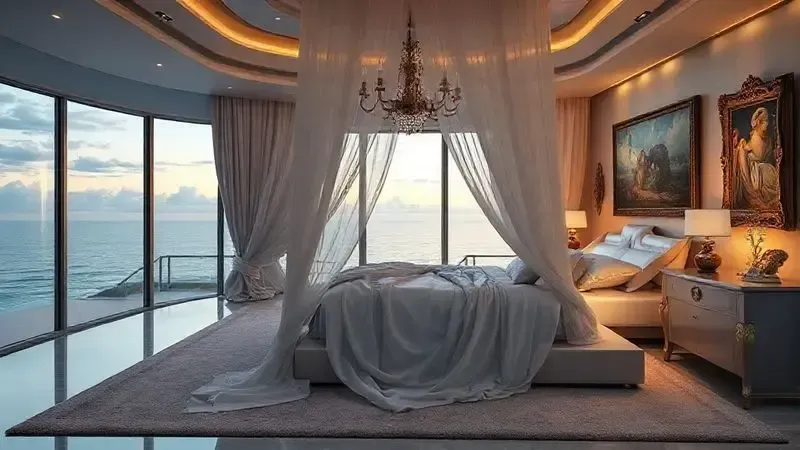 Ilustração de um quarto de luxo em uma villa com uma cama suntuosa e decoração opulenta, simbolizando o ápice do conforto.