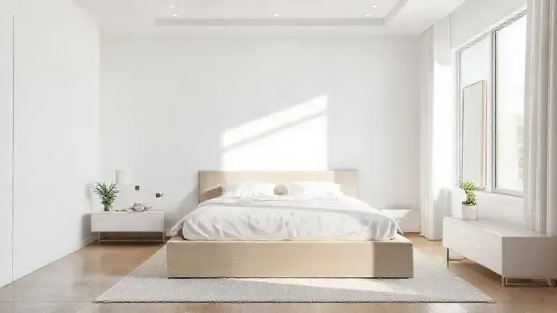 Ilustração de quarto minimalista com cama box, destacando a otimização de espaço e o design moderno.