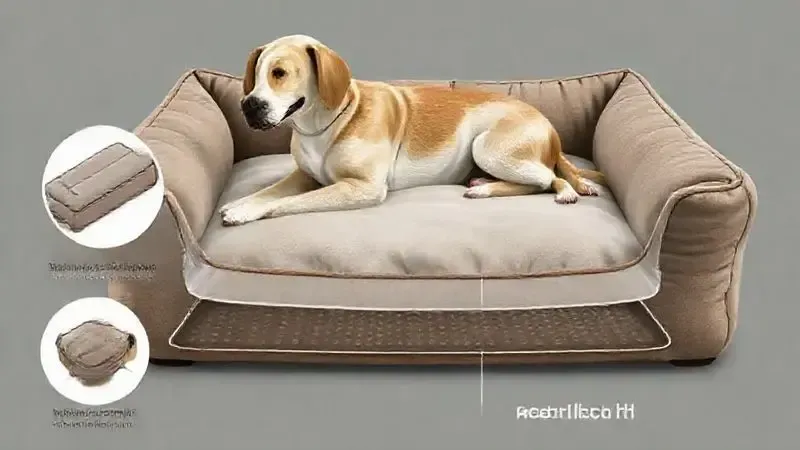 Ilustração conceitual de uma cama pet com recursos extras, como base antiderrapante e tecido resistente a rasgos para durabilidade.