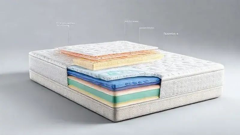 Ilustração conceitual dos recursos tecnológicos em camadas dos colchões Herval mostrando diferentes materiais