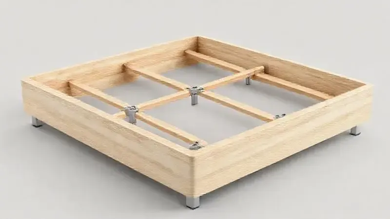 Renderização 3D conceitual de um corte transversal da estrutura de uma cama box, destacando a durabilidade e a qualidade dos materiais internos.