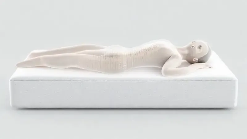 Renderização conceitual de um corpo deitado de lado em um colchão, mostrando o alinhamento ideal e reto da coluna para conforto e saúde.