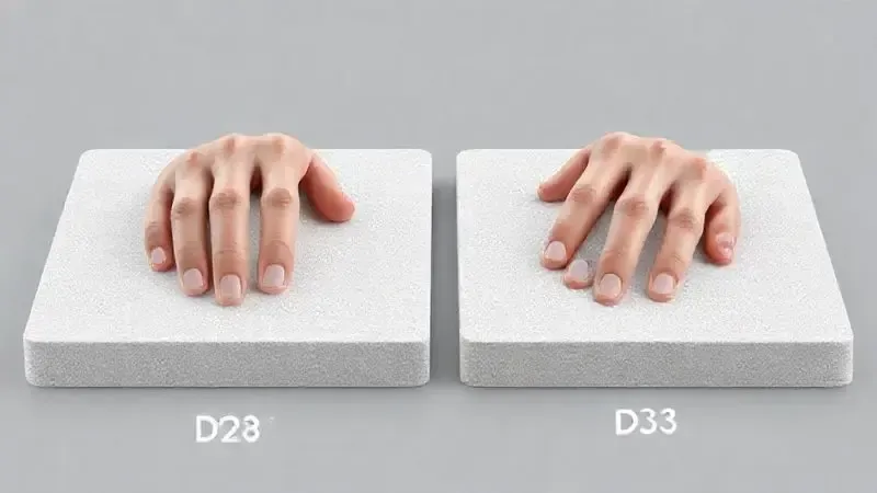 Renderização 3D de duas mãos aplicando pressão em superfícies distintas, ilustrando visualmente a diferença de firmeza e densidade (D28 e D33).