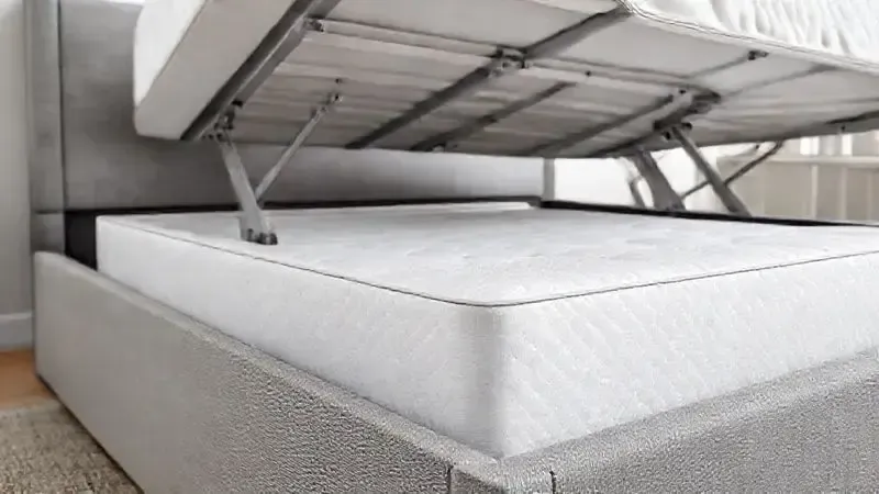 Render 3D detalhado de um mecanismo hidráulico de alta performance de uma cama baú.