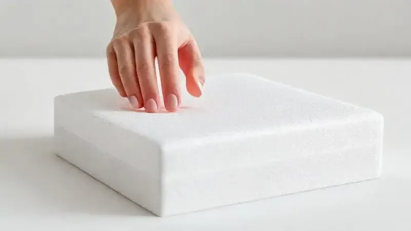 Renderização 3D de uma mão pressionando uma espuma viscoelástica, ilustrando o efeito de memória e conformidade do material.