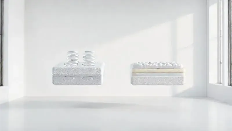 Representação conceitual comparando diferentes tecnologias de colchões em estilo 3D minimalista.
