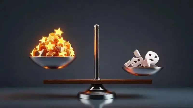 Ilustração conceitual de uma balança moderna pesando símbolos de satisfação e insatisfação, representando a reputação da marca no Reclame Aqui.
