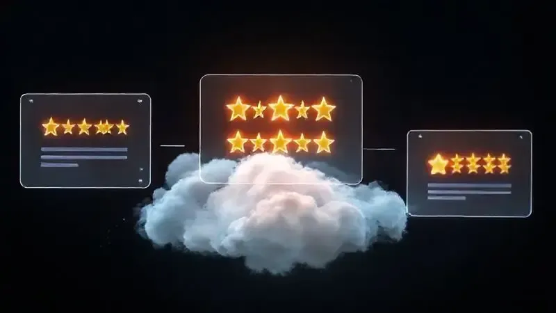 Ilustração de ícones digitais e estrelas flutuantes, representando a reputação online positiva e a confiança do consumidor.