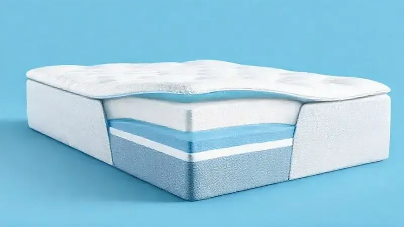 Ilustração artística em corte transversal mostrando camadas do colchão e densidade da espuma