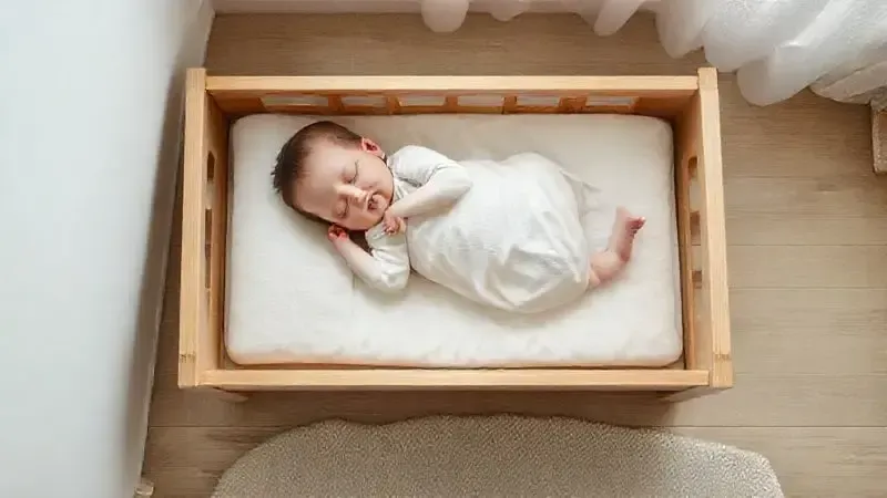 Bebê dormindo tranquilamente em uma cama montessoriana muito baixa, ilustrando a segurança e a prevenção de quedas.