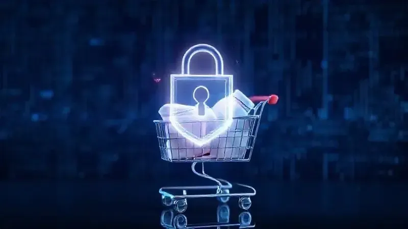 Render 3D de um escudo digital protegendo um carrinho de compras com produtos de cama, representando a segurança de um site e-commerce.