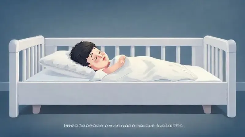 Ilustração de criança dormindo segura em uma cama Montessoriana baixa, com barreiras laterais macias para evitar quedas.
