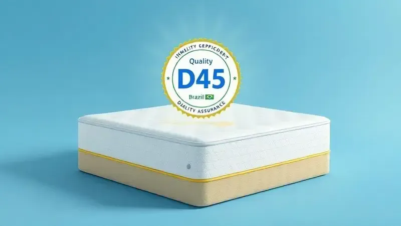 Conceito visual do selo Inmetro aplicado a colchão D45 mostrando certificação de qualidade e segurança.